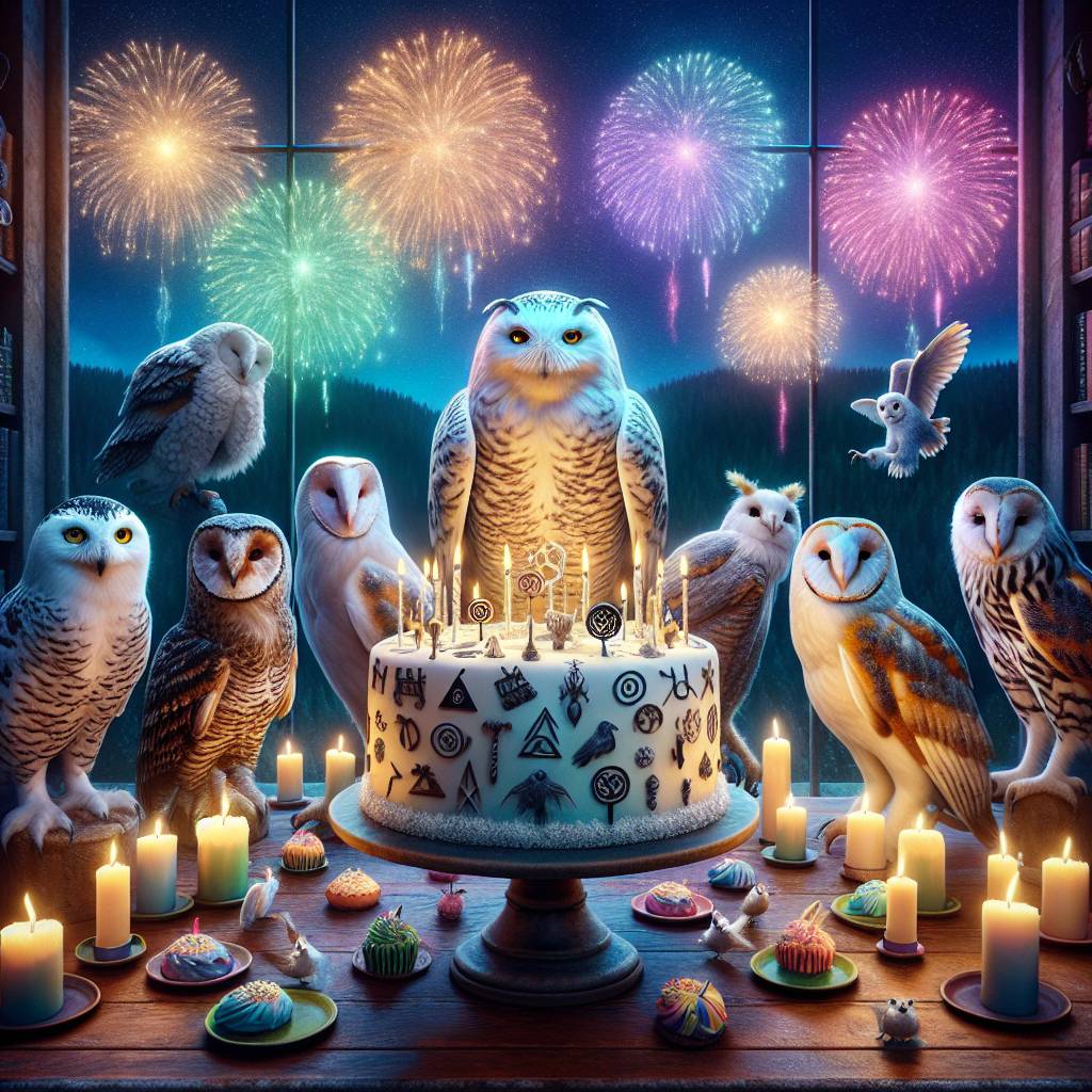 2) Birthday AI Generated Card - Hogwarts, Cake, Snowy owl, Barn owl, Grey owl, and Fireworks (55eb7)