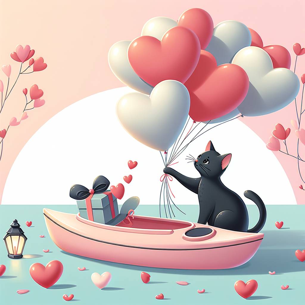 2) Valentines-day AI Generated Card - Black cat, and Kayak (84d9f)