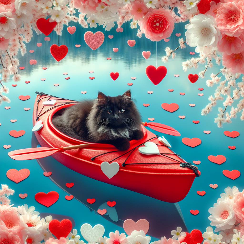 1) Valentines-day AI Generated Card - Black cat, and Kayak (3c92b)