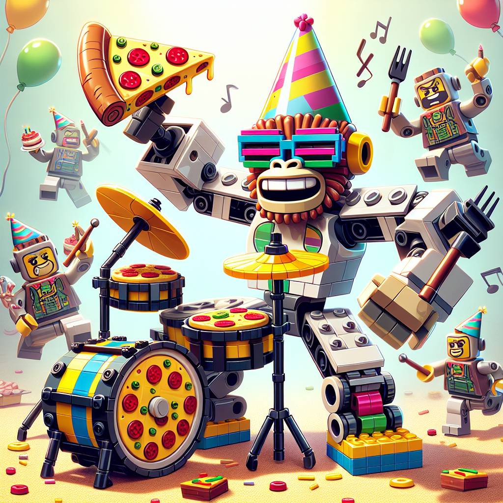 1) Birthday AI Generated Card - Playing drums music  lego pizza robots kingkong (9ddc2)