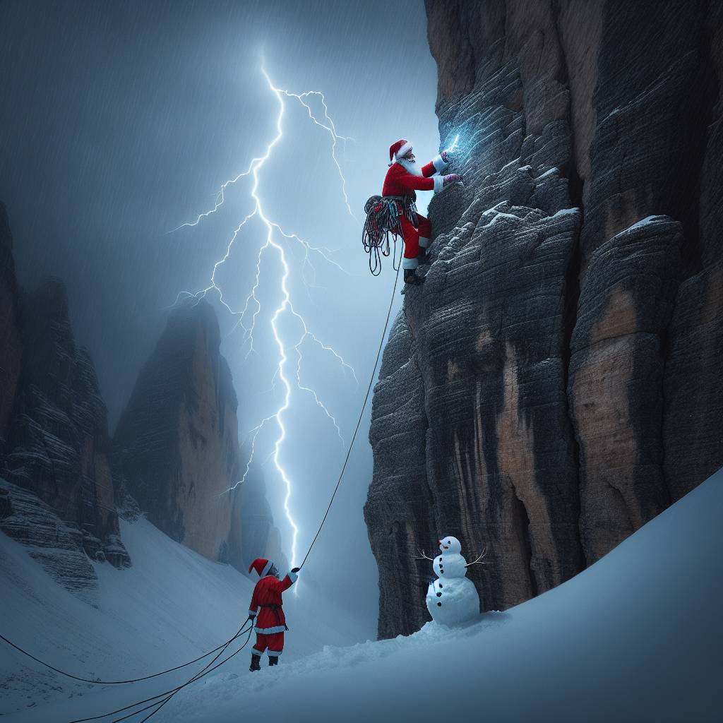2) Christmas AI Generated Card - santa rock climbing in the dolomites in a lightening storm, snowman is at the other end of the rope (86c5d)