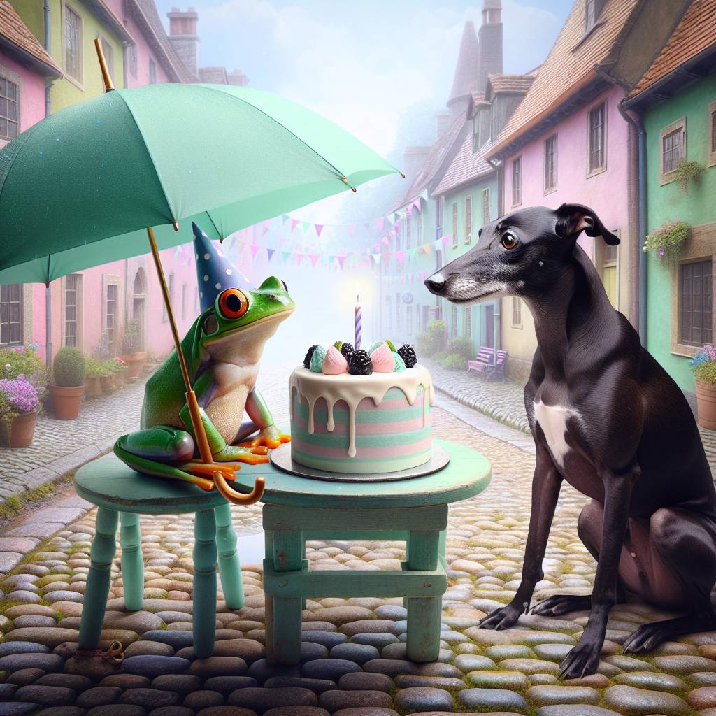 2) Birthday AI Generated Card - Frog with umbrella , Baldurs gate, Lactose intolerant , and Black Italian greyhound  (023b7)
