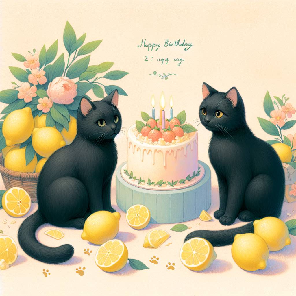 2) Birthday AI Generated Card - 2 black cats , and Lemons (297c3)
