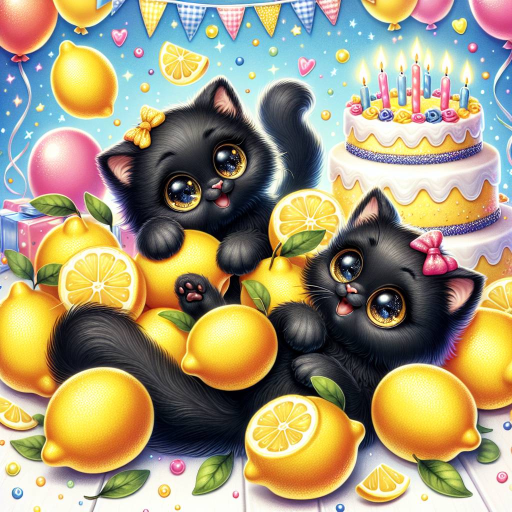 1) Birthday AI Generated Card - 2 black cats , and Lemons (58076)