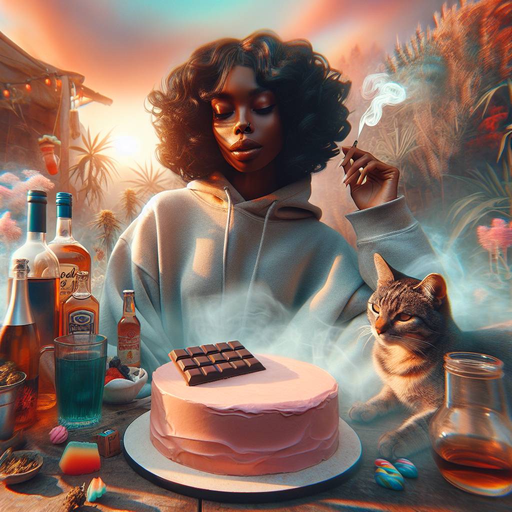 1) Birthday AI Generated Card - Black lady with really curly shoulder length hair medium brown skintone wearing a hoodie, Smoking weed marijuana, Tabby cat kitten, Birthday cake , Alcohol, High, Sunshine, Vacation, Happy peaceful, and Chocolate (1ae55)