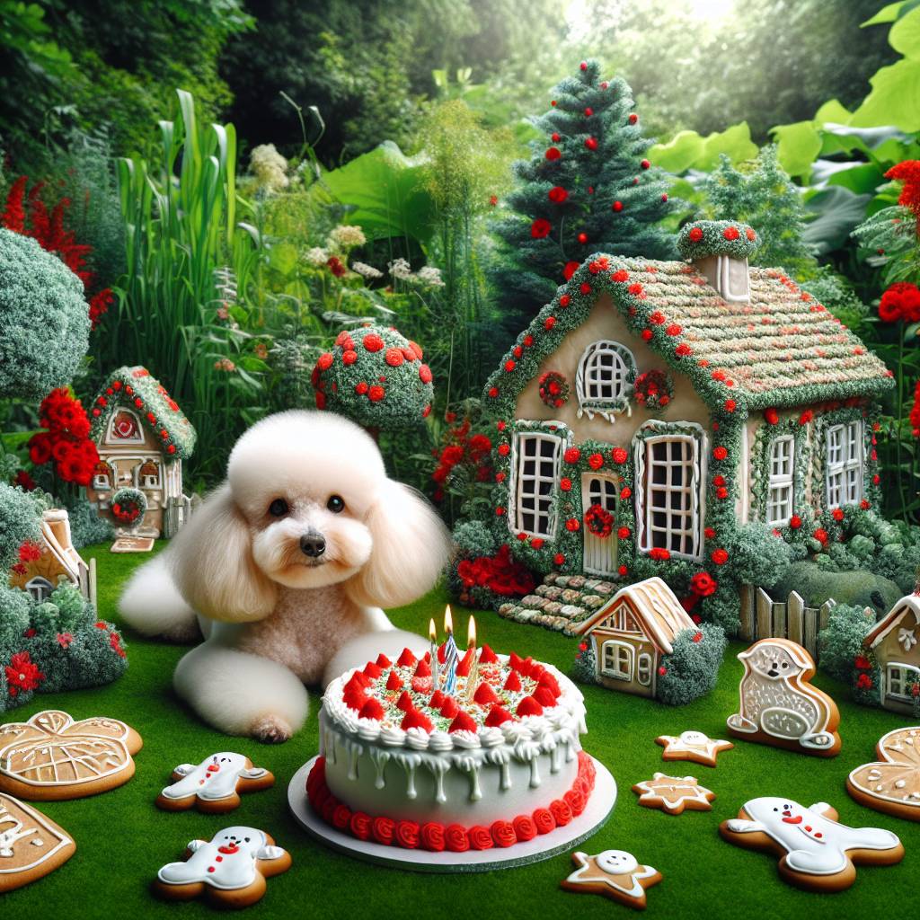 2) Birthday AI Generated Card - Poodle, Cake, Biscuits, House, Garden, and Red (981b4)