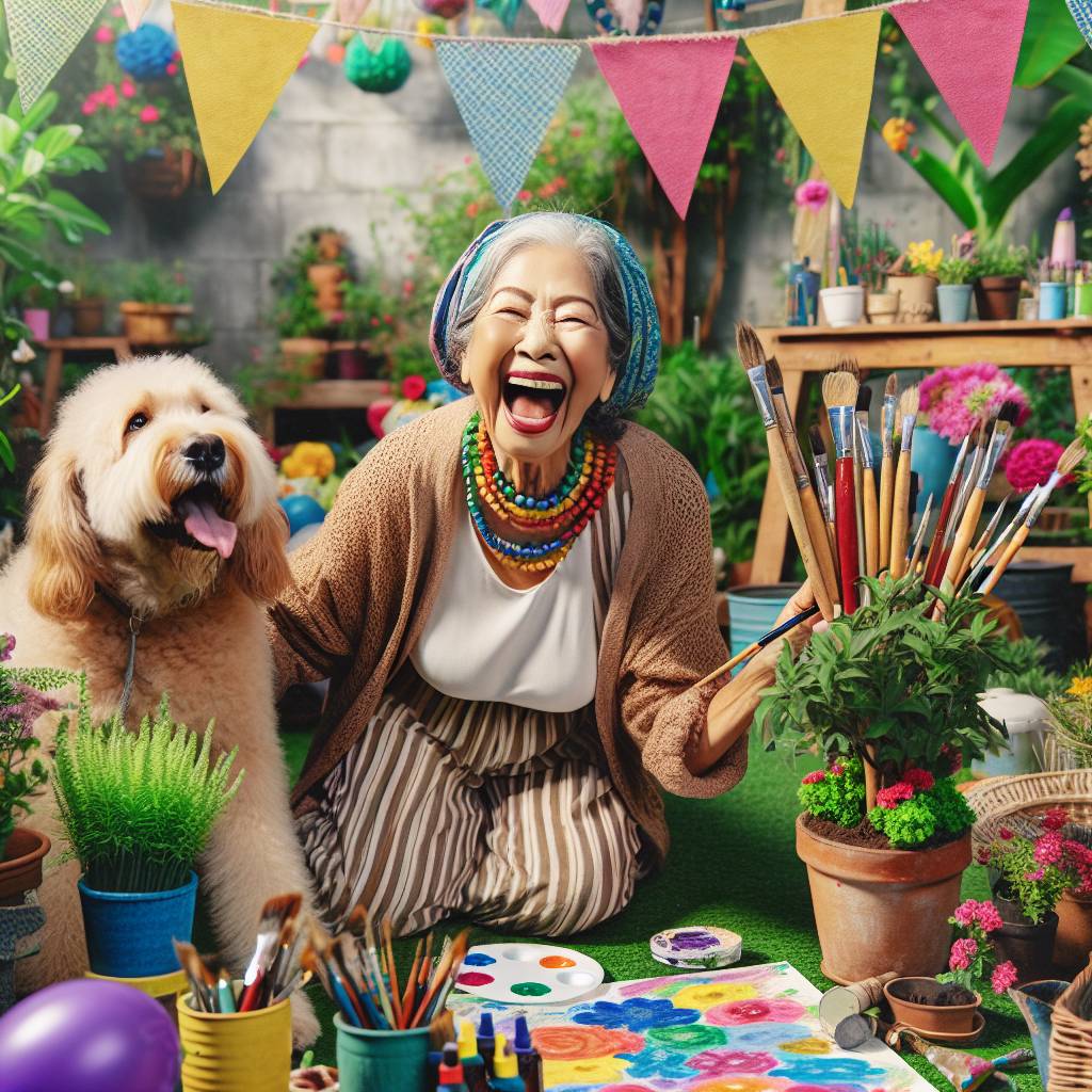 1) Birthday AI Generated Card - Older lady, Painting, Gardener, Arts and crafts, and Golden labradoodle (7756e)