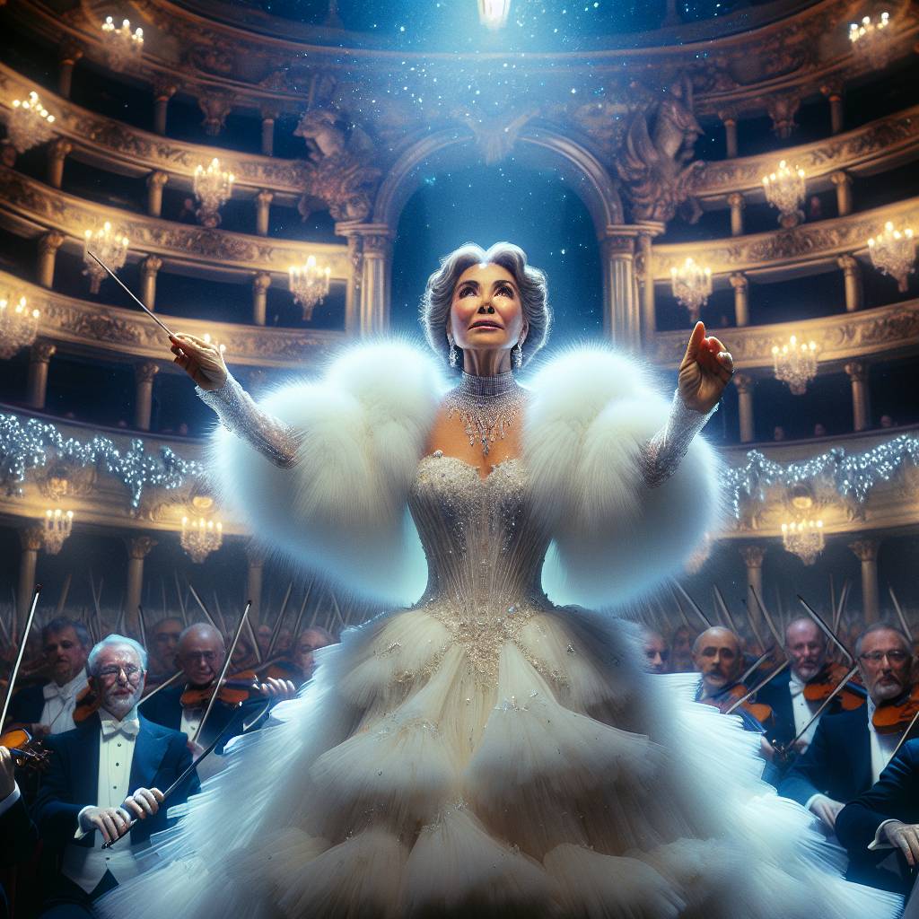 1) Birthday AI Generated Card - A young and beautiful Salma Hayak is conducting a choir at the viennese opera, and Wearing a poofy wedding dress and a white fur cap (4c820)