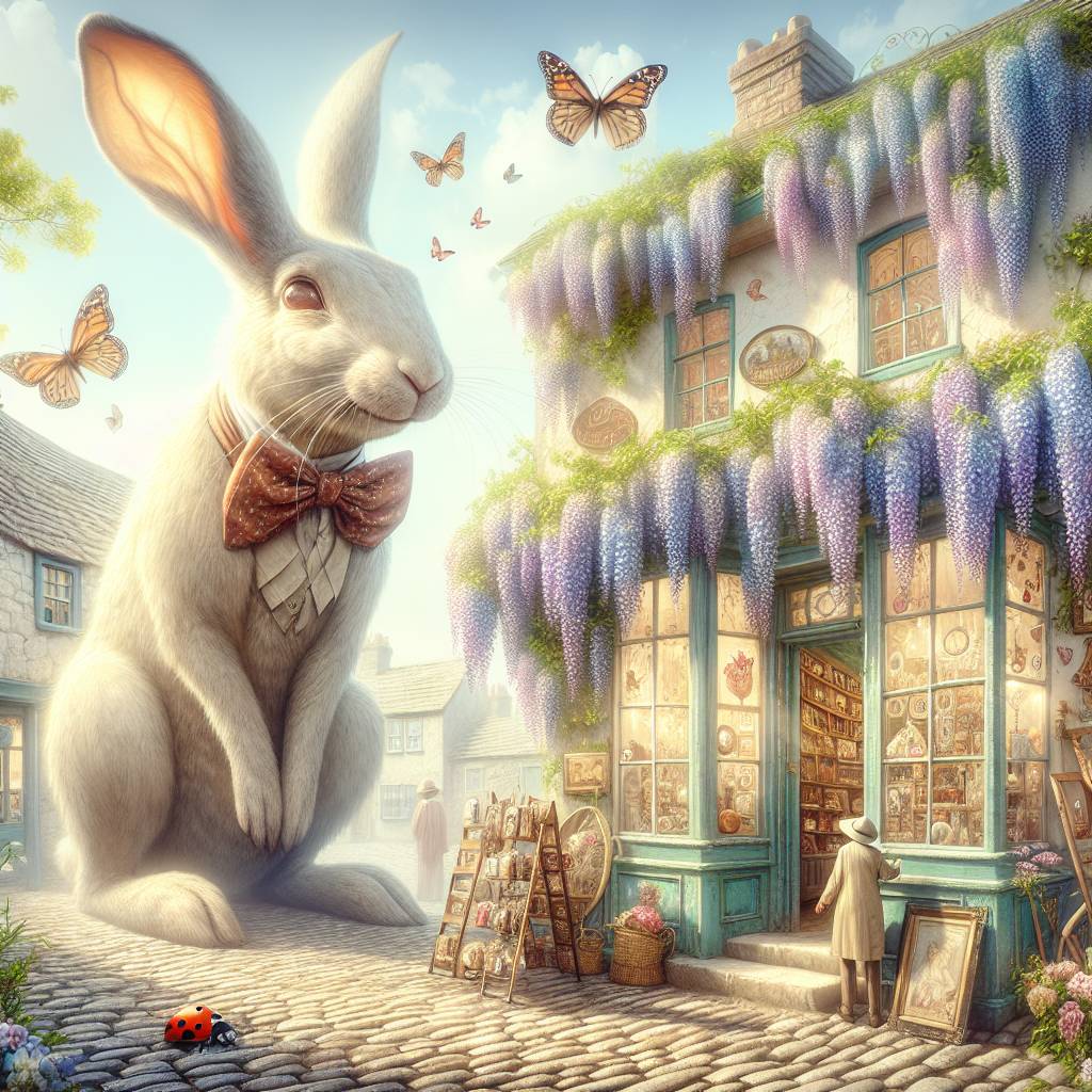 1) Mothers-day AI Generated Card - Antique shop, Town, Street, Wisteria , Rabbit , Ladybird, Butterflies , and Hearts (e4dfe)