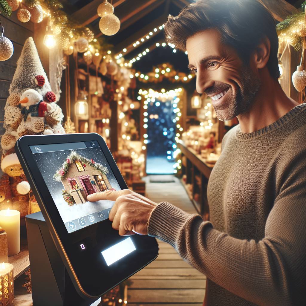 1) Christmas AI Generated Card - crea una cartolina con negozio, e una persona che tocca il display touchscreen di un totem self service (4fc16)