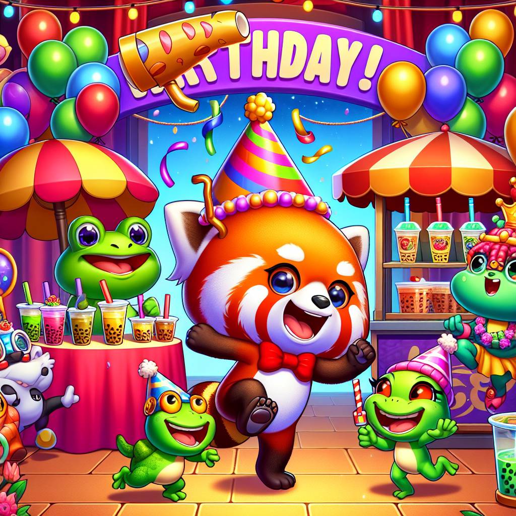 1) Birthday AI Generated Card - Red panda, Frogs, Boba tea, Tap dancing, and Five nights at freddies (3d082)
