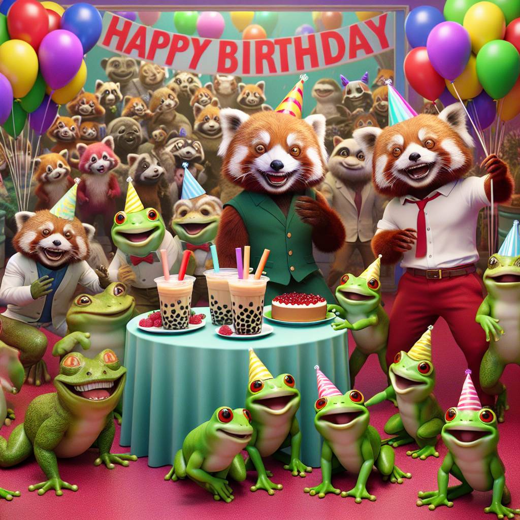 2) Birthday AI Generated Card - Red panda, Frogs, Boba tea, Tap dancing, and Five nights at freddies (95c74)
