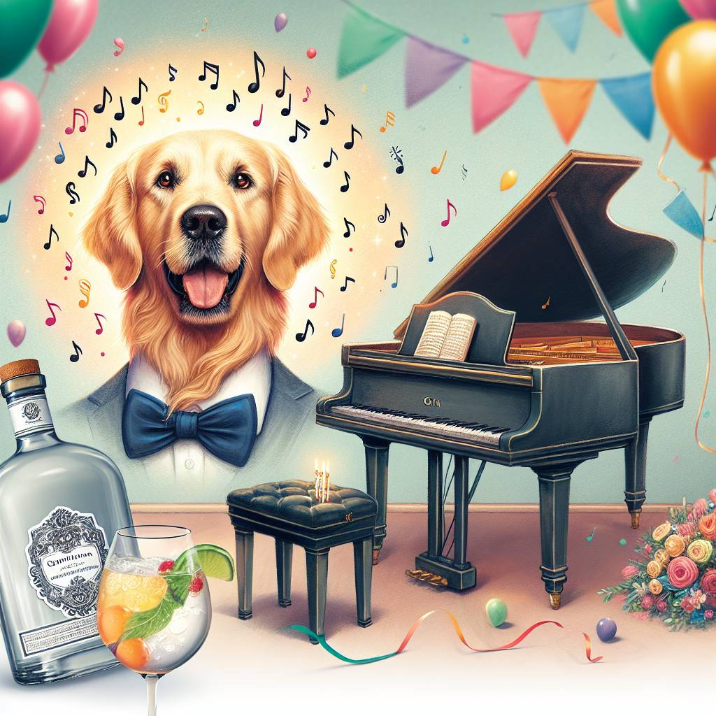 2) Birthday AI Generated Card - Golden retriever, Musical theatre, and Gin (dde0f)