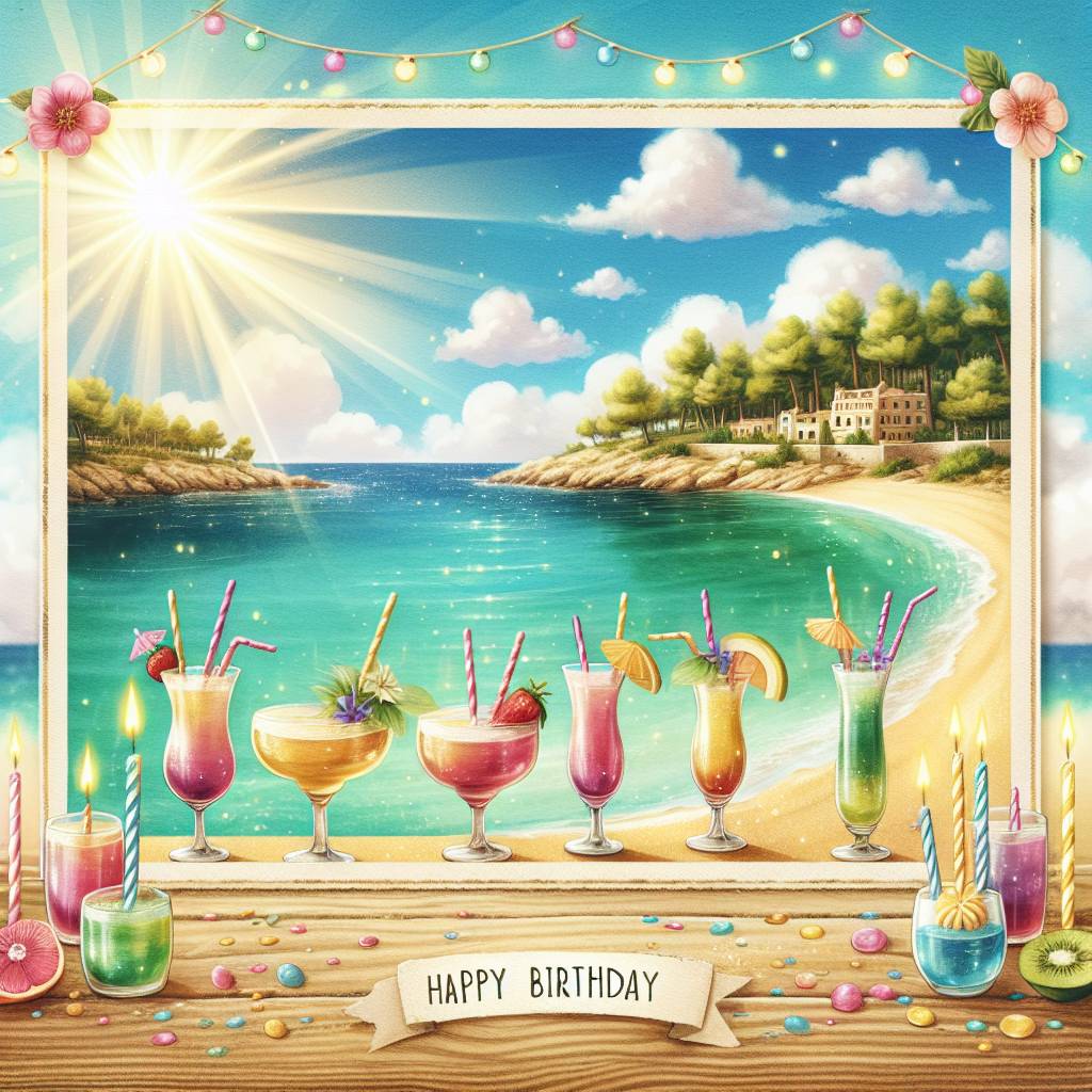 2) Birthday AI Generated Card - Cocktails, Sun, Sea, Beautiful beach, and Minorca (544a8)