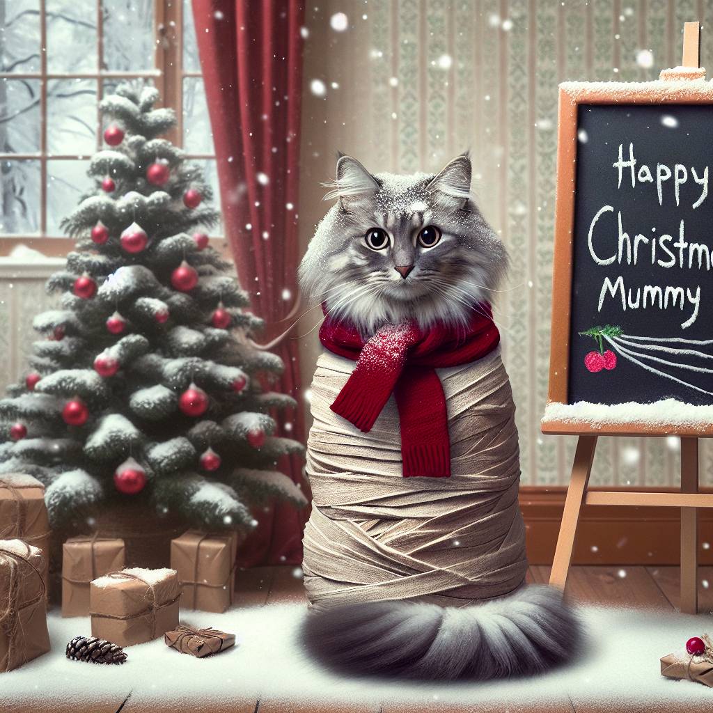 3) Christmas AI Generated Card - grey tabby cat, mummy (acd1f)