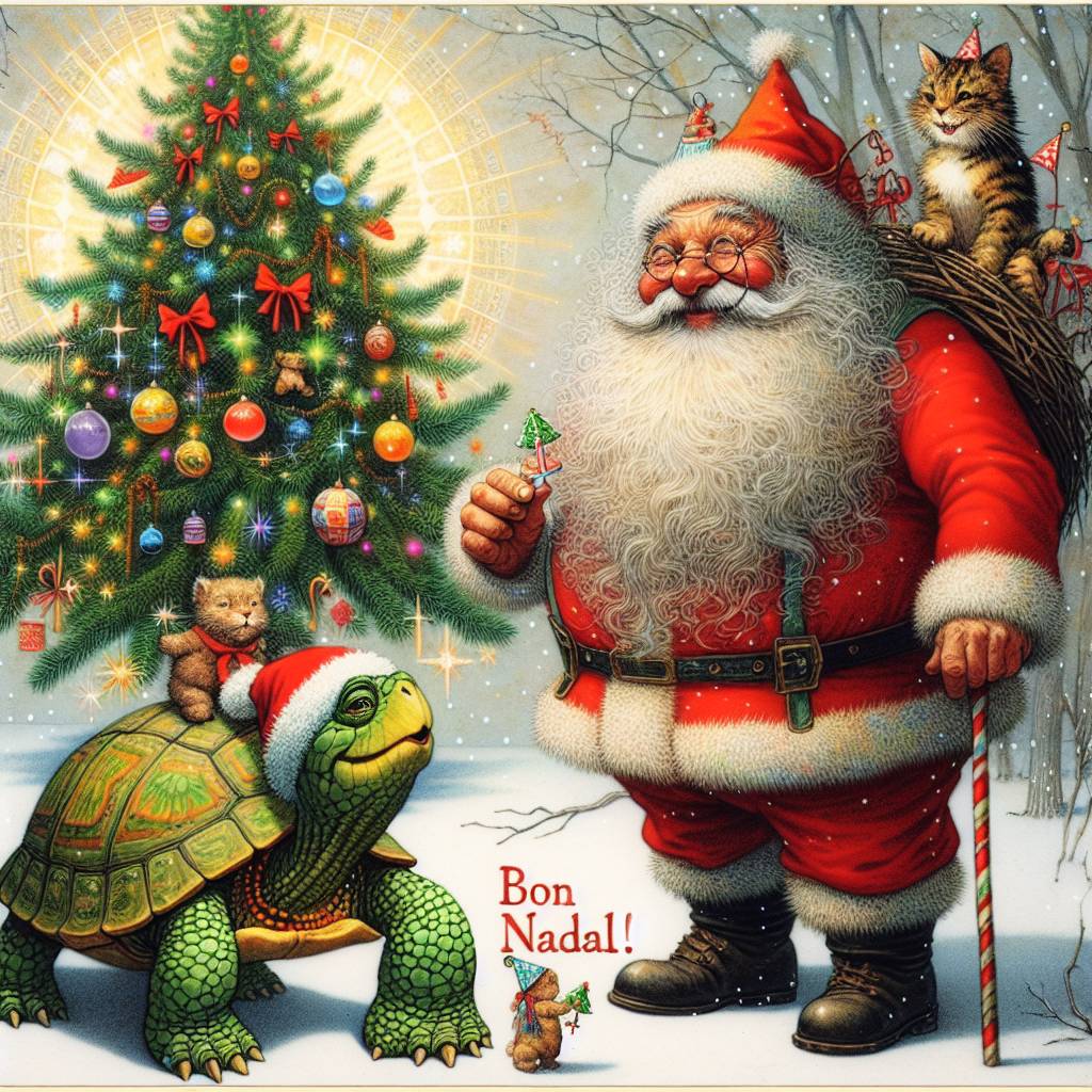 2) Birthday AI Generated Card - A cat, a turtle and a santa near a Big Christmas tree  (a344e)