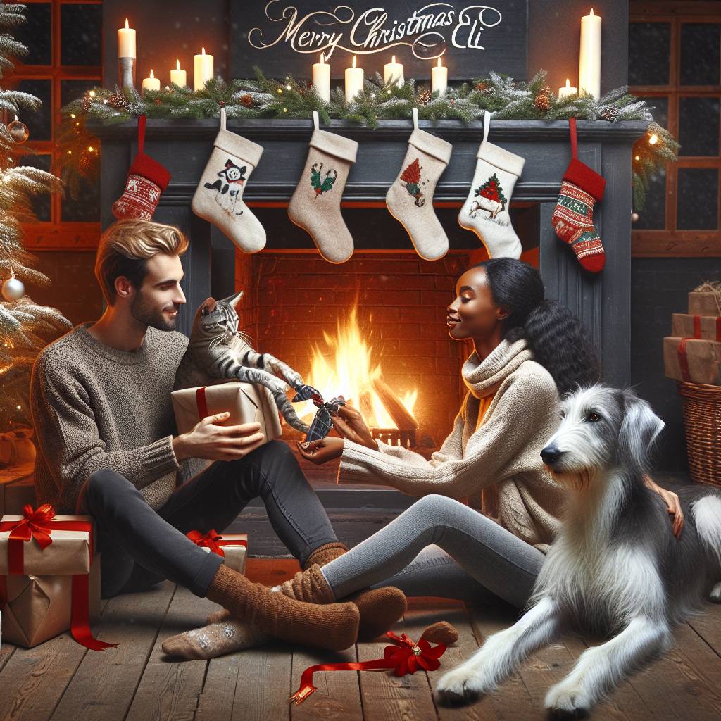 3) Christmas AI Generated Card - Couple, Small pretty tabby cat, and White wolfhound dog (eebb5)