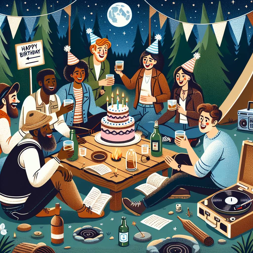 1) Birthday AI Generated Card - Camping, Records, Whisky , and Pot holes (d59f5)