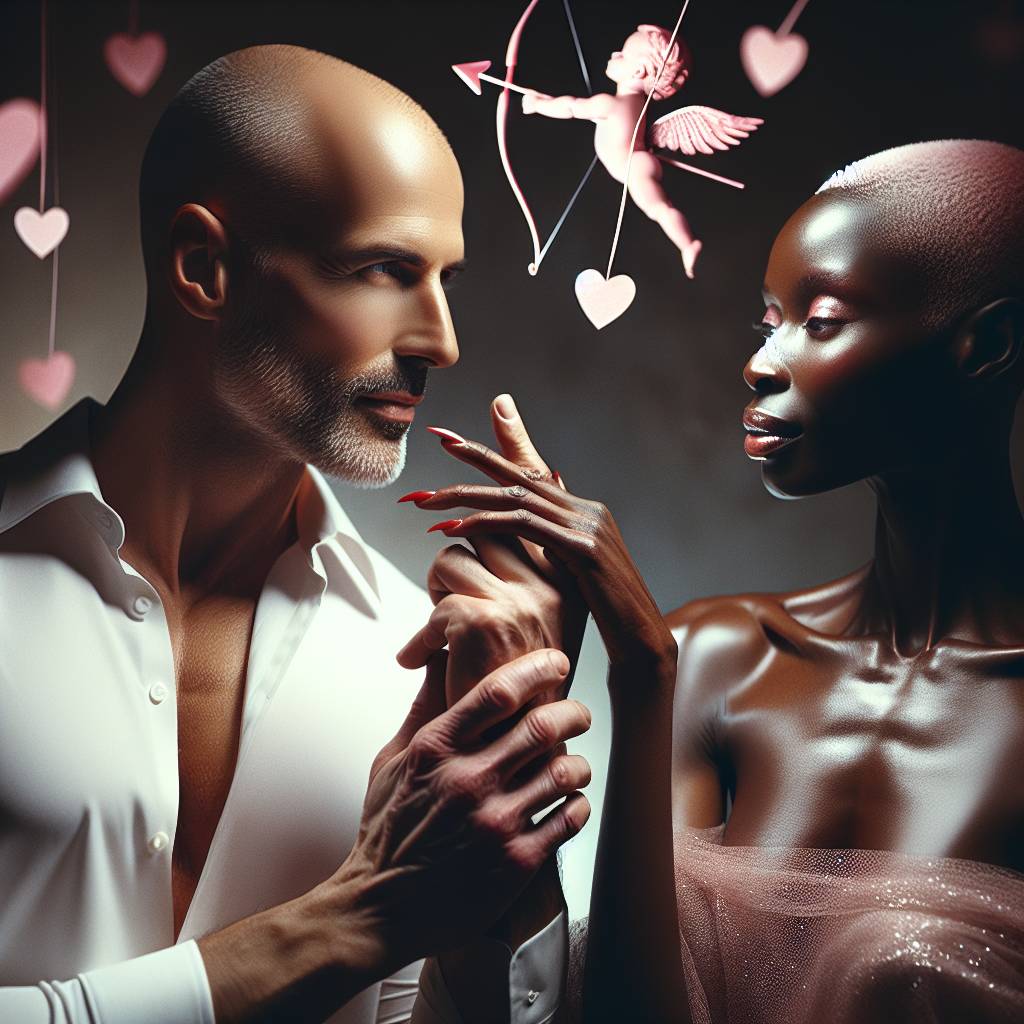 1) Valentines-day AI Generated Card - : White man with shaven head and stubble around 40 years old and black queen  women (d5235)