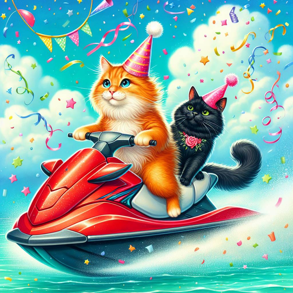 2) Birthday AI Generated Card - Ginger cat riding a jet ski with a black cat as passenger.  (79ee5)
