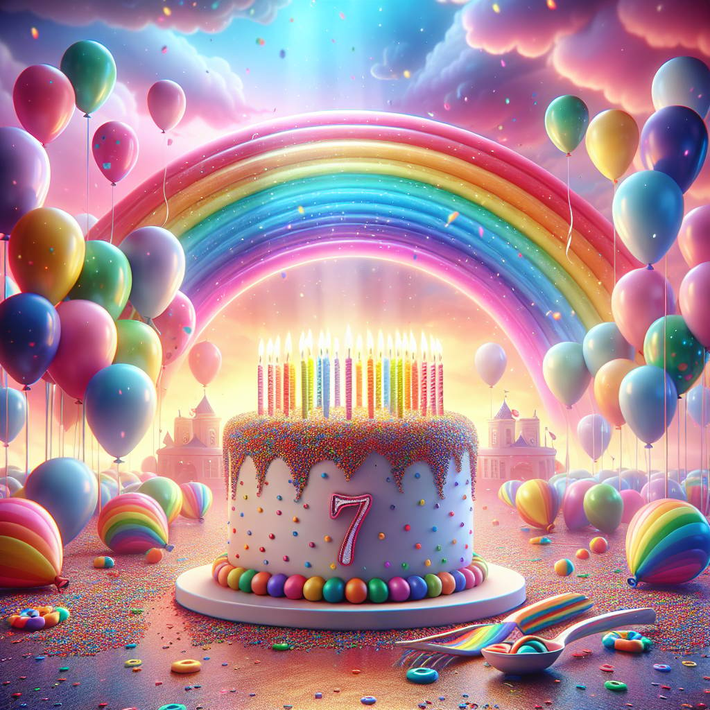 2) Birthday AI Generated Card - 7 birthday daughter , Rainbow sky, Sky full of balloons , Birthday cake , and Bright colours  (18285)