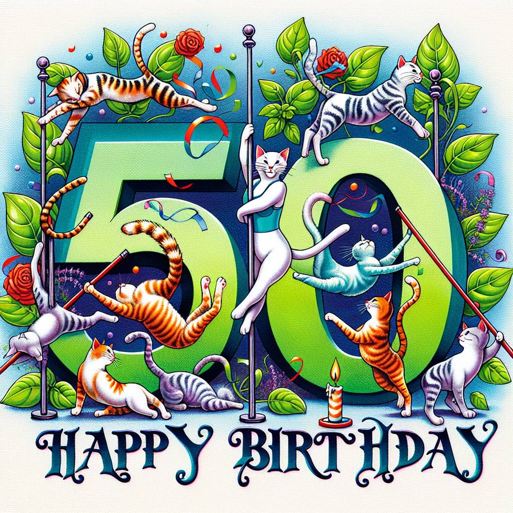 2) Birthday AI Generated Card - Cats doing pole fitness, Basil, 50, and Happy Birthday (54730)