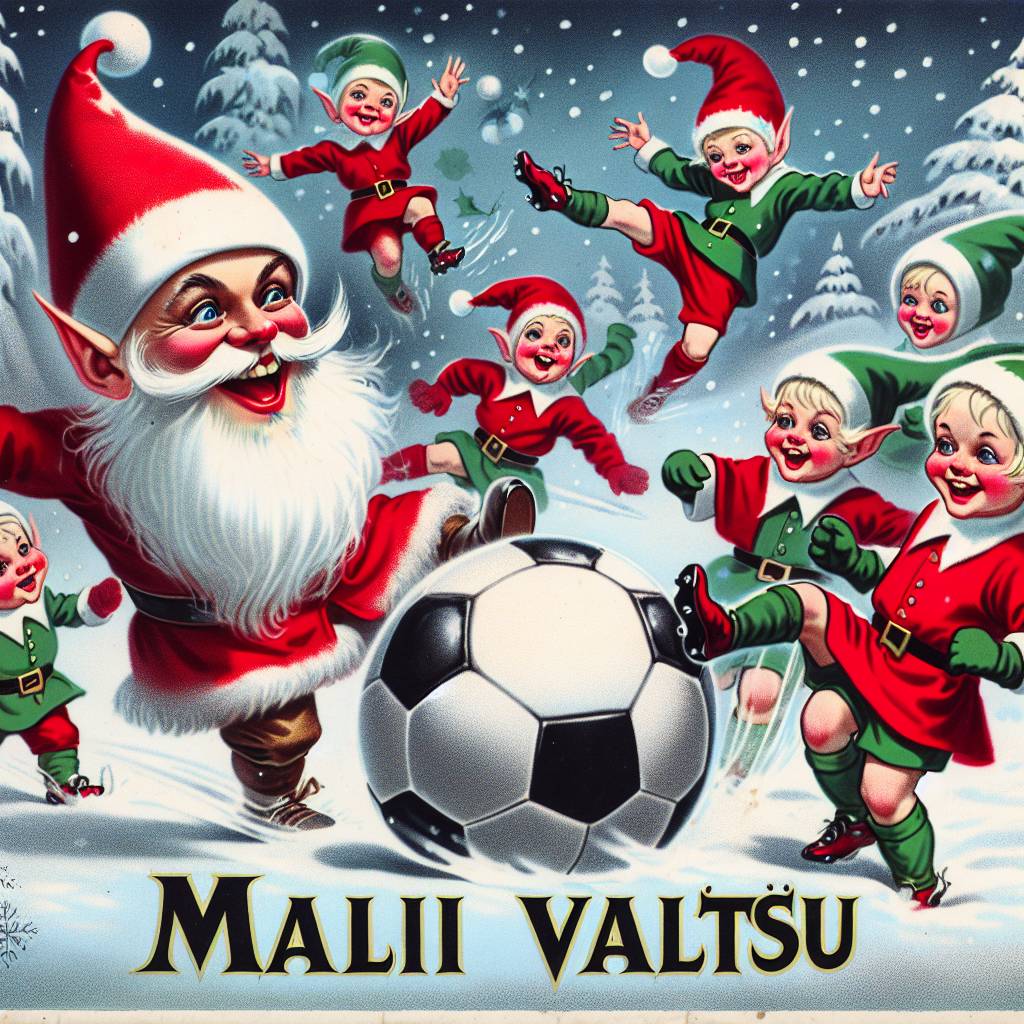 4) Christmas AI Generated Card - Santa playing soccer with elves (8eb73)