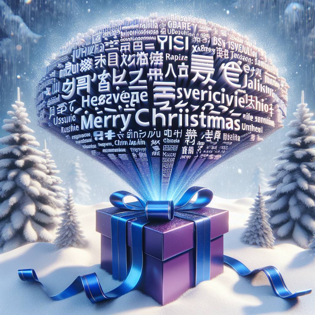 1) Birthday AI Generated Card - Present with words coming out of the top of it saying Merry Christmas, Same present with the phrase Joyeux Noël coming out of the top, Same present with the phrase Frohe Weihnachten coming out of the top, Same present with Счастливого Рождества coming out of the top, Same present with Hyvää Joulua coming out of the top , Same present with メリークリスマス coming out of the top , Same present with 圣诞节快乐 coming out of the top , Giving the gift of Generative AI translation for christmas, Christmas tree in the background and snowy, Merry Christmas written in the snow , and Colours purple and blue  (045ac)