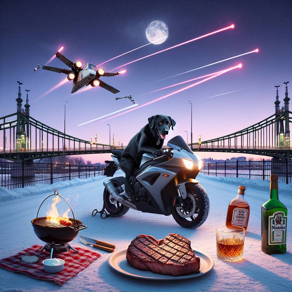 2) Valentines-day AI Generated Card - Black Labrador riding sports motorbike , Tyne bridge, Whiskey, Heart shaped steak, Snow, Vanilla ice cream, and X wing (62e70)