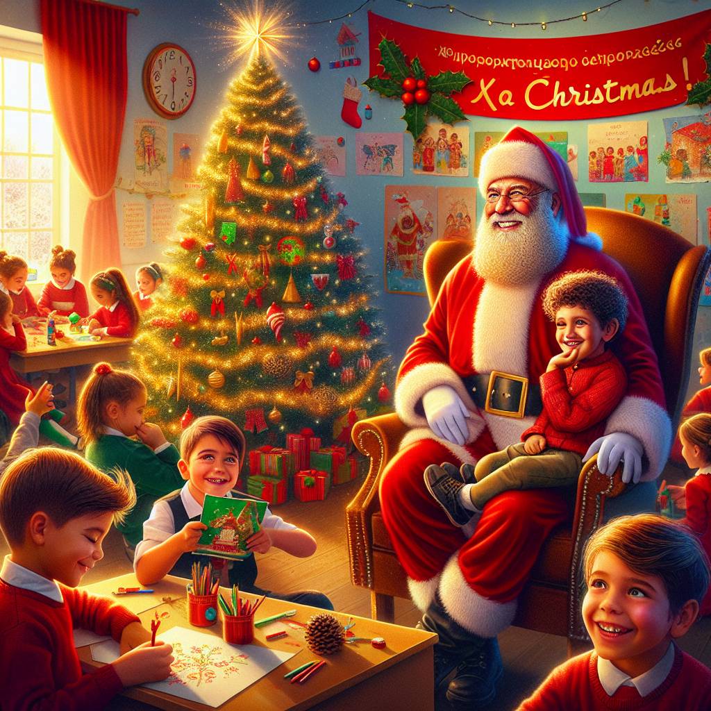 1) Christmas AI Generated Card - kids, kindergarten classroom, christmas tree, santa claus,  (01f27)