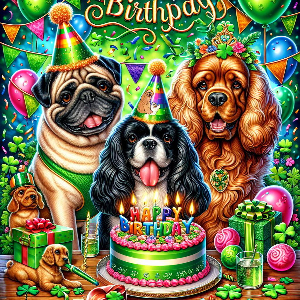 1) Birthday AI Generated Card - Pug, Cocker spaniel , Cane corso, Paddy’s day, and Happy birthday  (d6565)