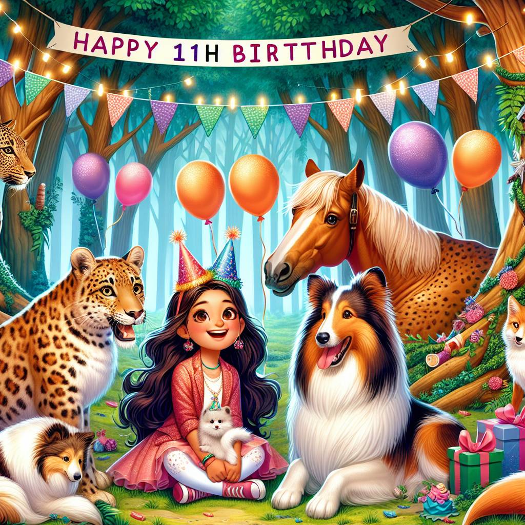 2) Birthday AI Generated Card - 11th birthday daughter horses leopards foxes Collie birman (84f2c)