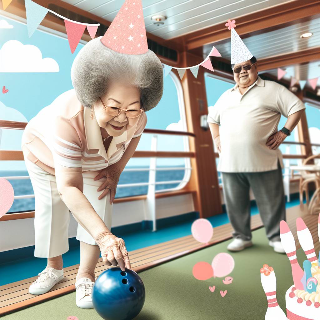 2) Birthday AI Generated Card - Old lady with puffy round hair, on a cruise playing lawn bowls, old chubby man in background (6d40b)