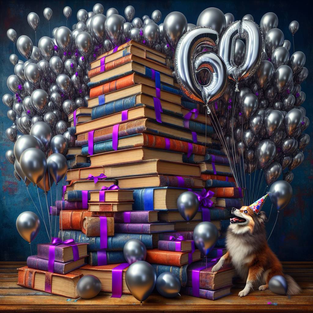 1) Birthday AI Generated Card - Books, Purple, 60, and Brown dog (c6934)