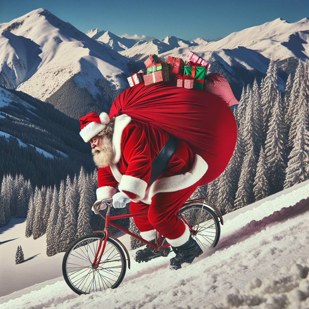 3) Christmas AI Generated Card - Santa claus, Bicycle, and Snow-capped mountains  (3f9d2)