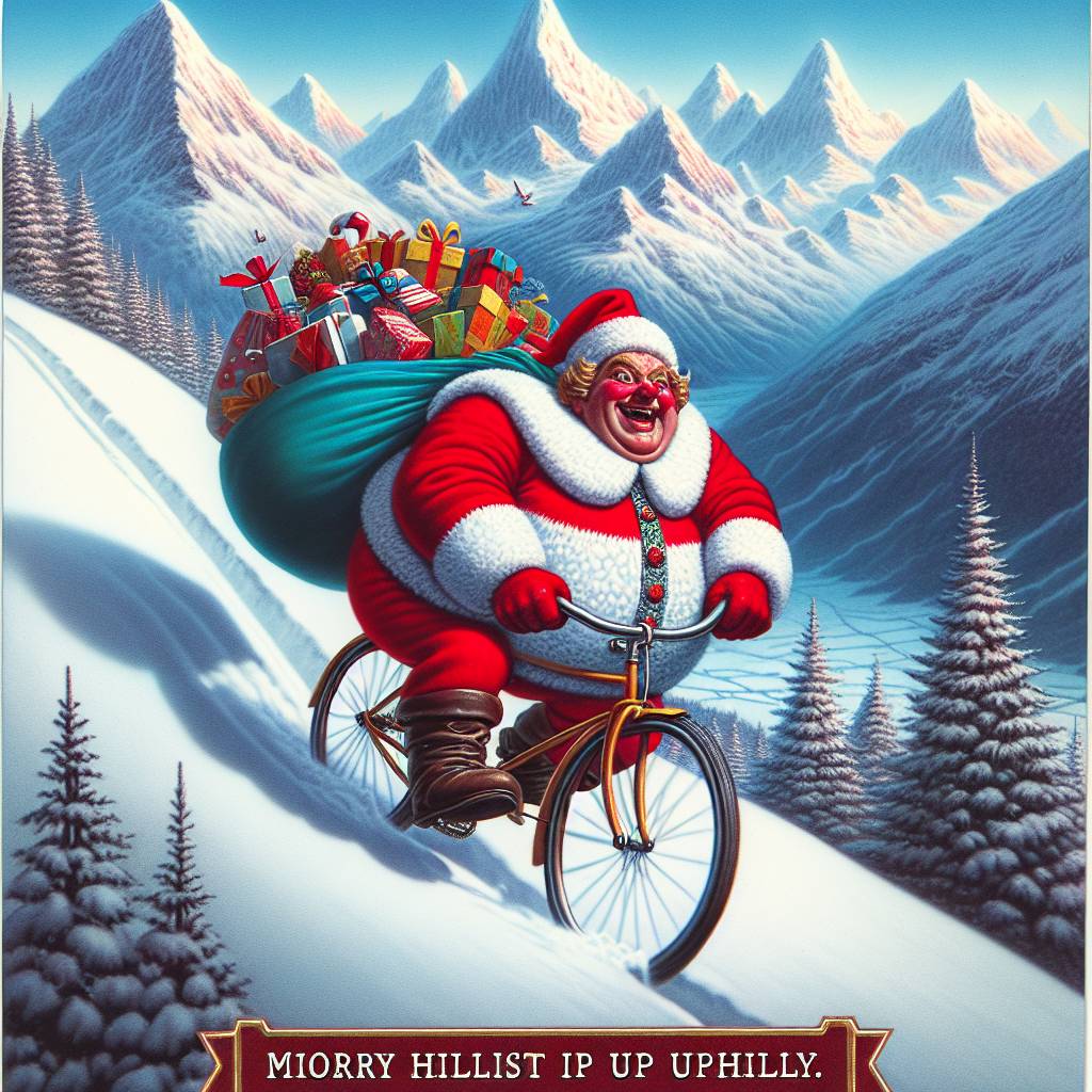 1) Christmas AI Generated Card - Santa claus, Bicycle, and Snow-capped mountains  (269b8)