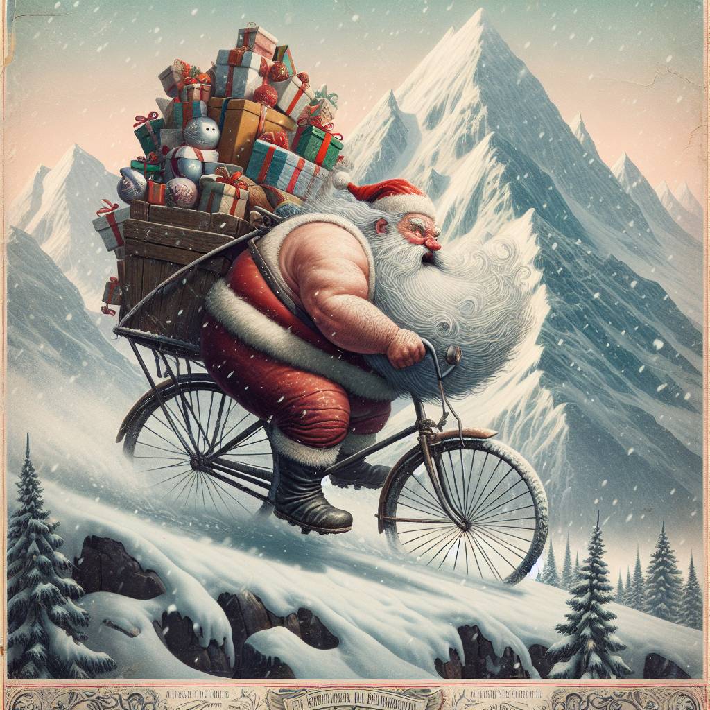 2) Christmas AI Generated Card - Santa claus, Bicycle, and Snow-capped mountains  (8f403)