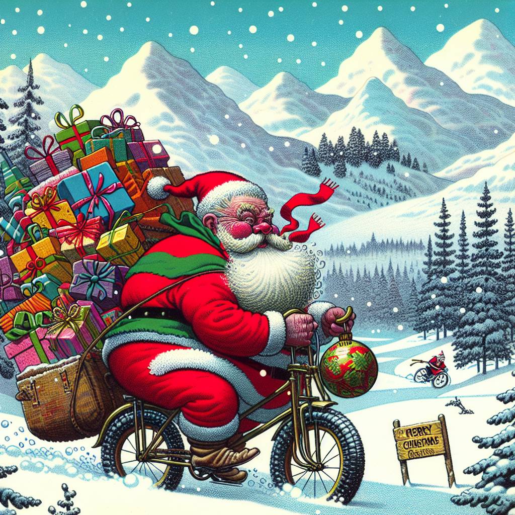 4) Christmas AI Generated Card - Santa claus, Bicycle, and Snow-capped mountains  (8b9a8)