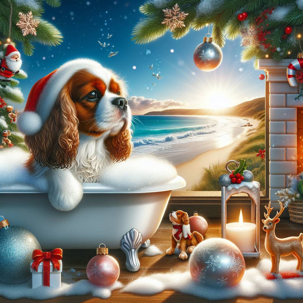 1) Christmas AI Generated Card - King charles spaniels, Baths and face cream, and Sunny beaches (0cc57)})