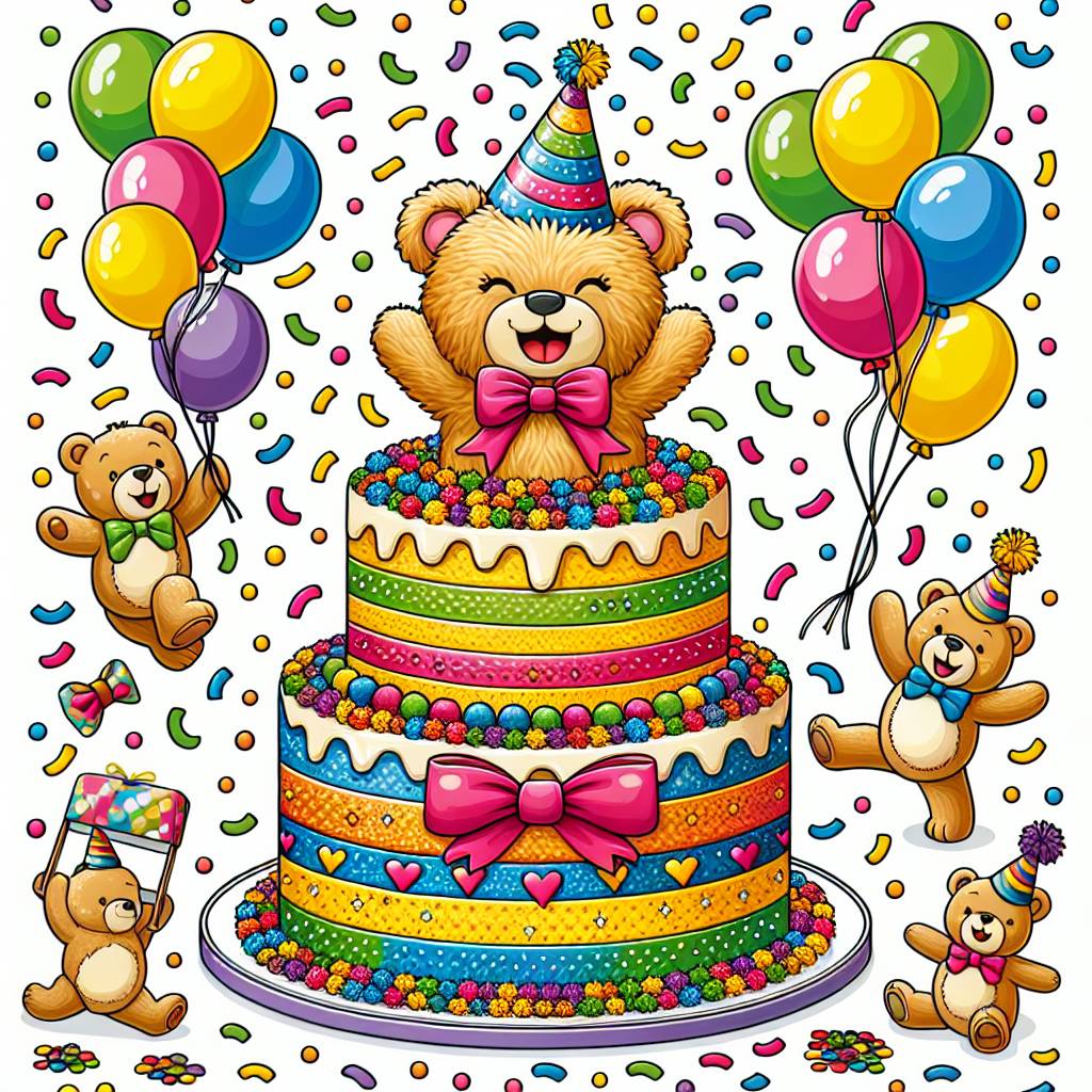 3) Birthday AI Generated Card - Cake, Teddy bears, and Confetti (75ae0)