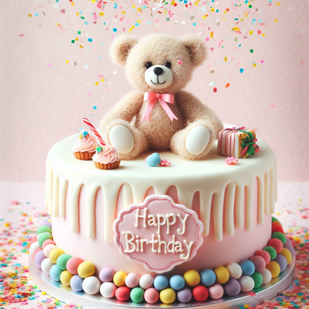 2) Birthday AI Generated Card - Cake, Teddy bears, and Confetti (09a29)
