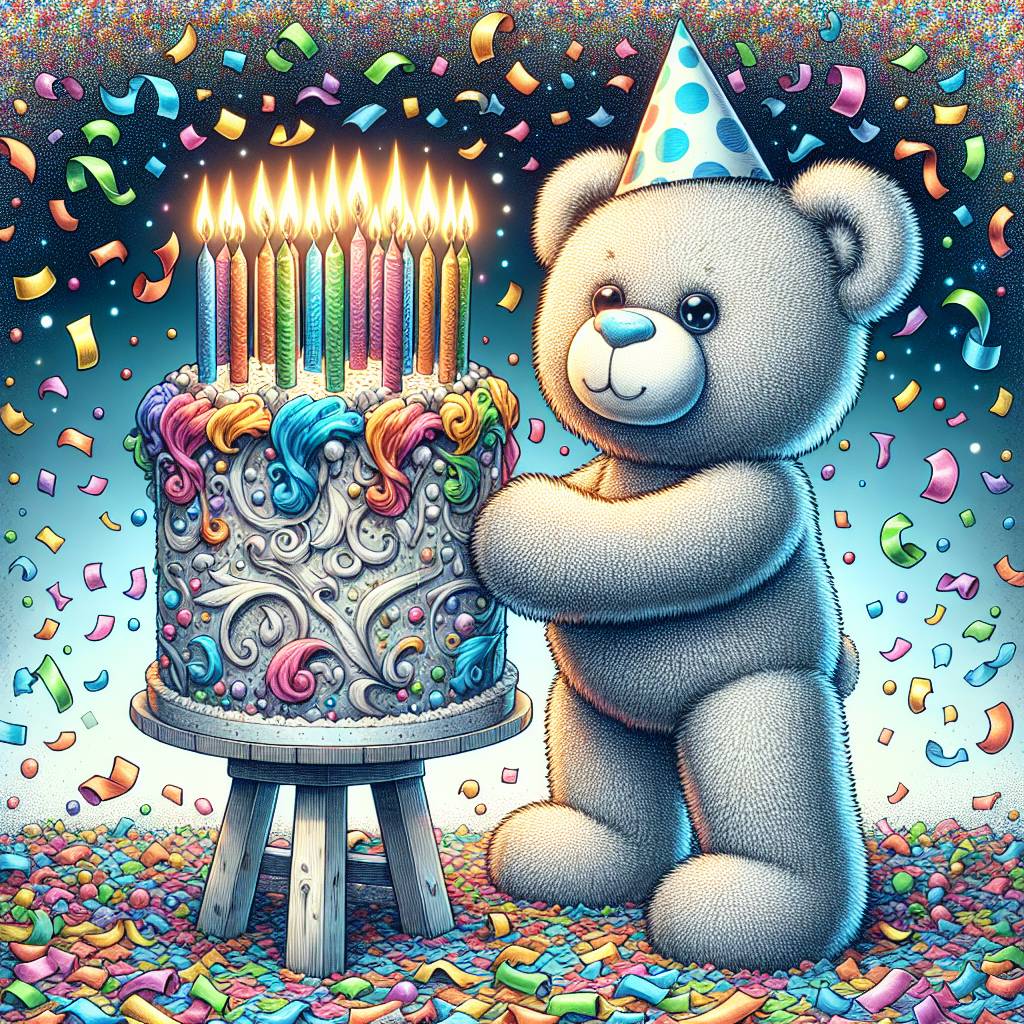 4) Birthday AI Generated Card - Cake, Teddy bears, and Confetti (ea228)