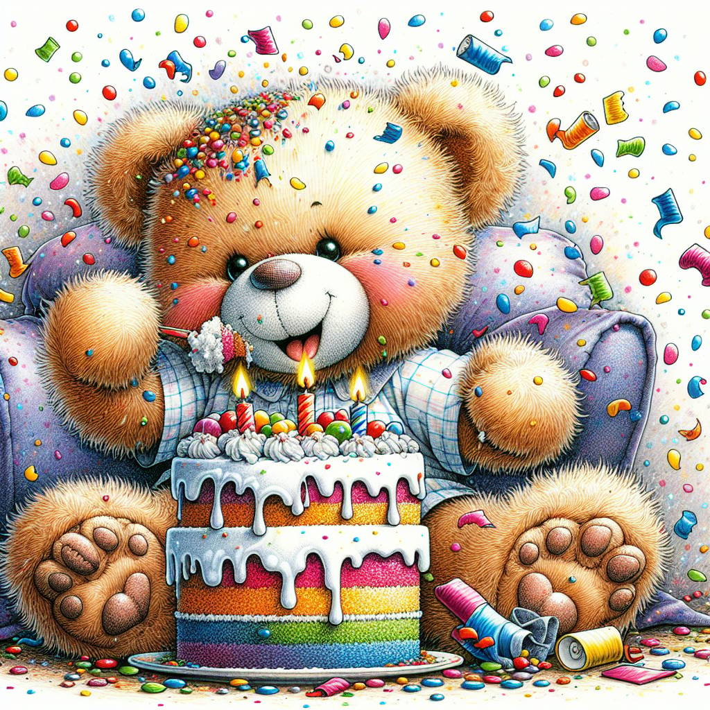 1) Birthday AI Generated Card - Cake, Teddy bears, and Confetti (30ccb)