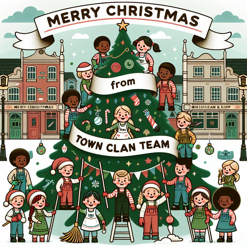 3) Christmas AI Generated Card - Victorian Christmas scene, Children playing, and "Merry Christmas from Crewe Clean Team" ribbon (3207b)})