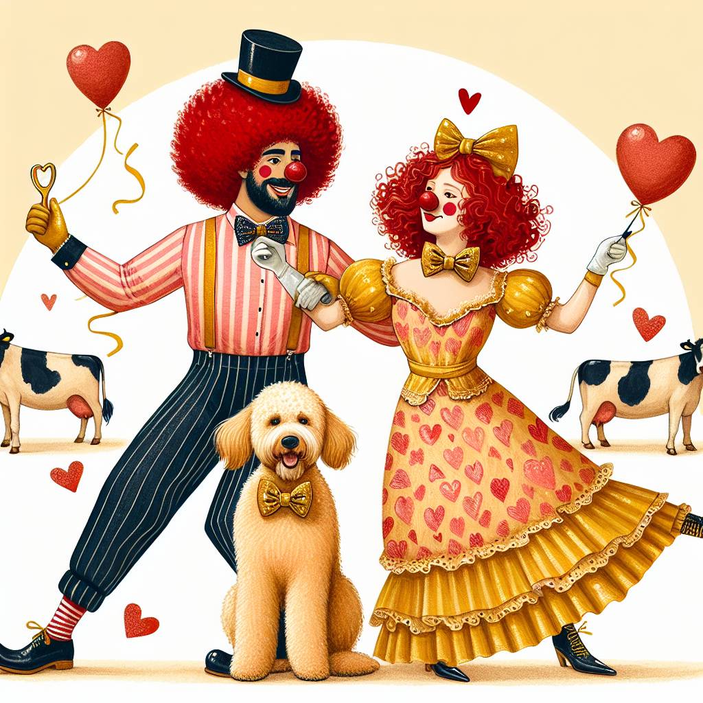 1) Valentines-day AI Generated Card - Clown man and clown woman with red hair, Cows, Yellow, Dancing, and Champagne colur Labradoodles with bow ties (63782)