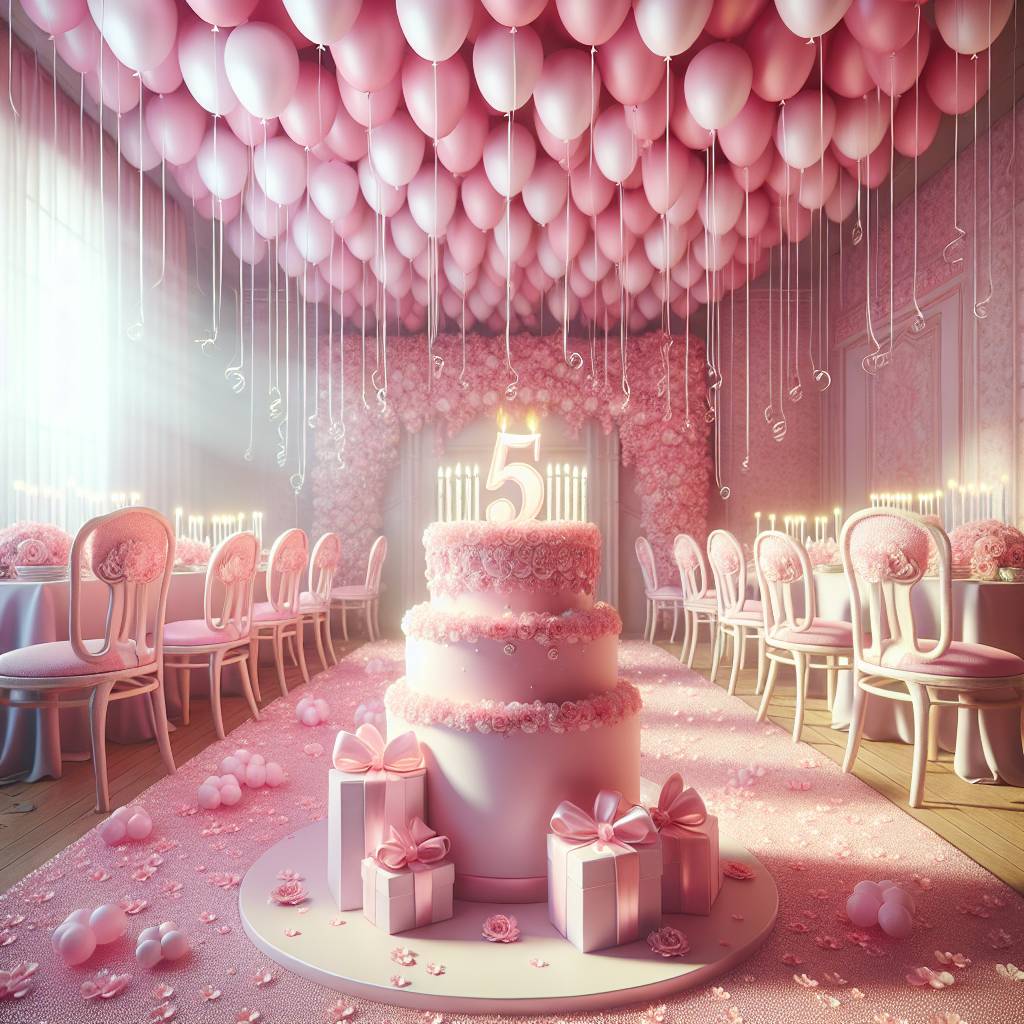 1) Birthday AI Generated Card - 5th birthday , Cute, Pink, Balloons, and Cake (291bc)