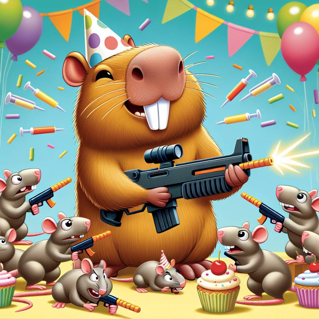 2) Birthday AI Generated Card - Capybara, rats, nerf guns (95a64)