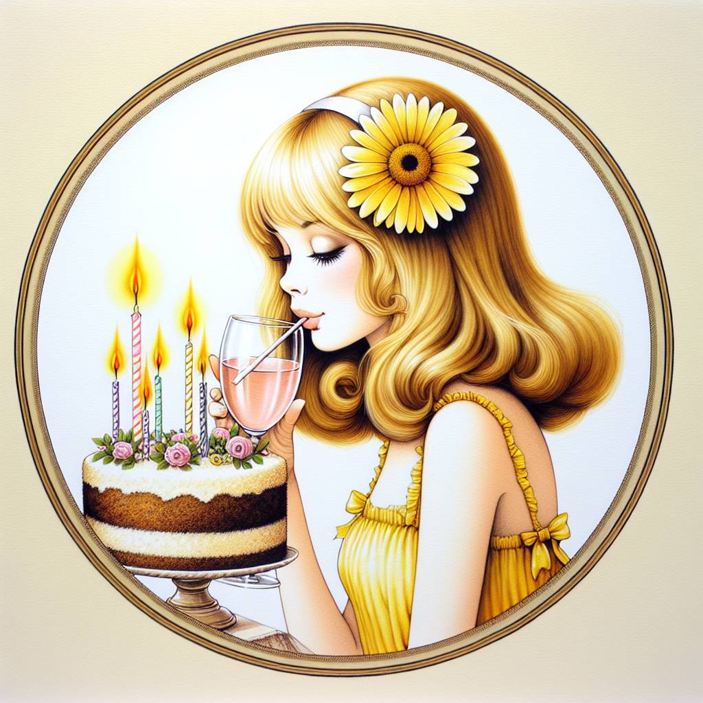 2) Birthday AI Generated Card - Girl with blonde shoulder length hair, Yellow Daisy head band, Yellow dress, Glass of Rose, and Birthday cake (950e9)