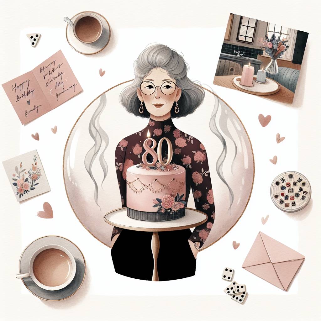 1) Birthday AI Generated Card - 80 birthday cake rose gold, Mom Grey bob hair with fringe, Good glasses, Tea, Cards, Jigsaw, Dominoes, Burgundy flower top, and Black trousers (75a6e)