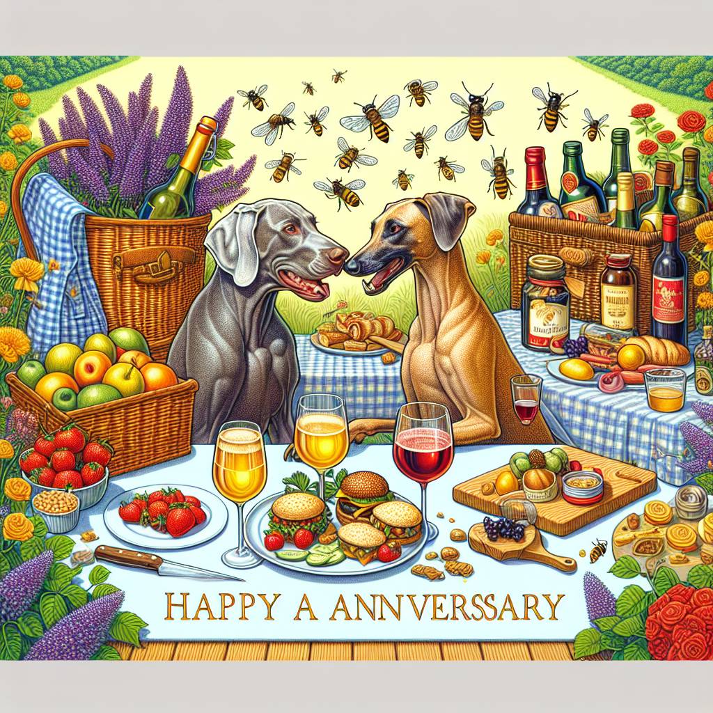 1) Anniversary AI Generated Card - Food, Wine , Beer, Bees , Their dark gray Weimaraner, and Their fawn whippet  (32375)